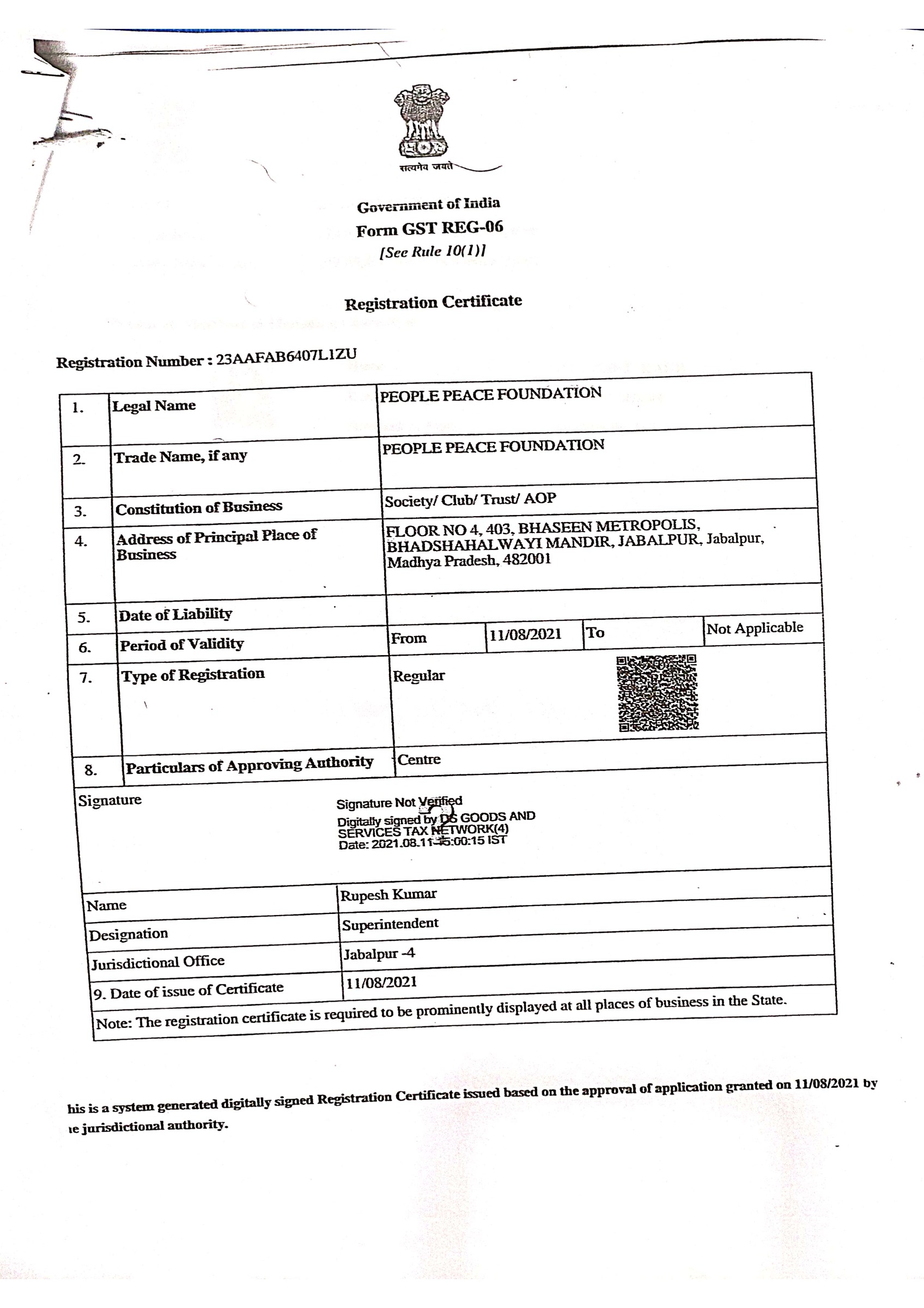 Goods & Services Tax (GST) Registration Certificate